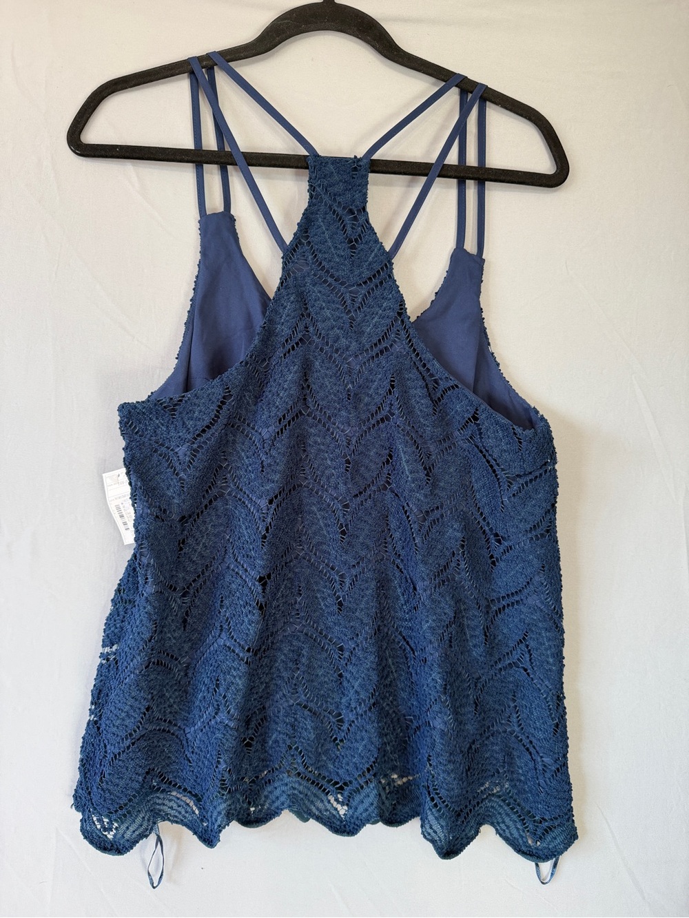 1.STATE Womens Boho Crochet Doublestrap Tank Top L Navy Racerback Lined Flowy - Picture 6 of 8